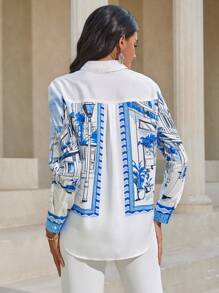 SHEIN Clasi Áo sơ mi nữ Nút phía trước Đồ họa Giải trí - trắng - Xem 2