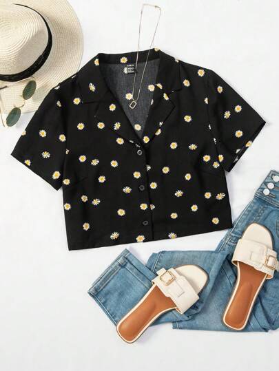 Soleia Camisa de botones con estampado floral de margarita, top de manga corta