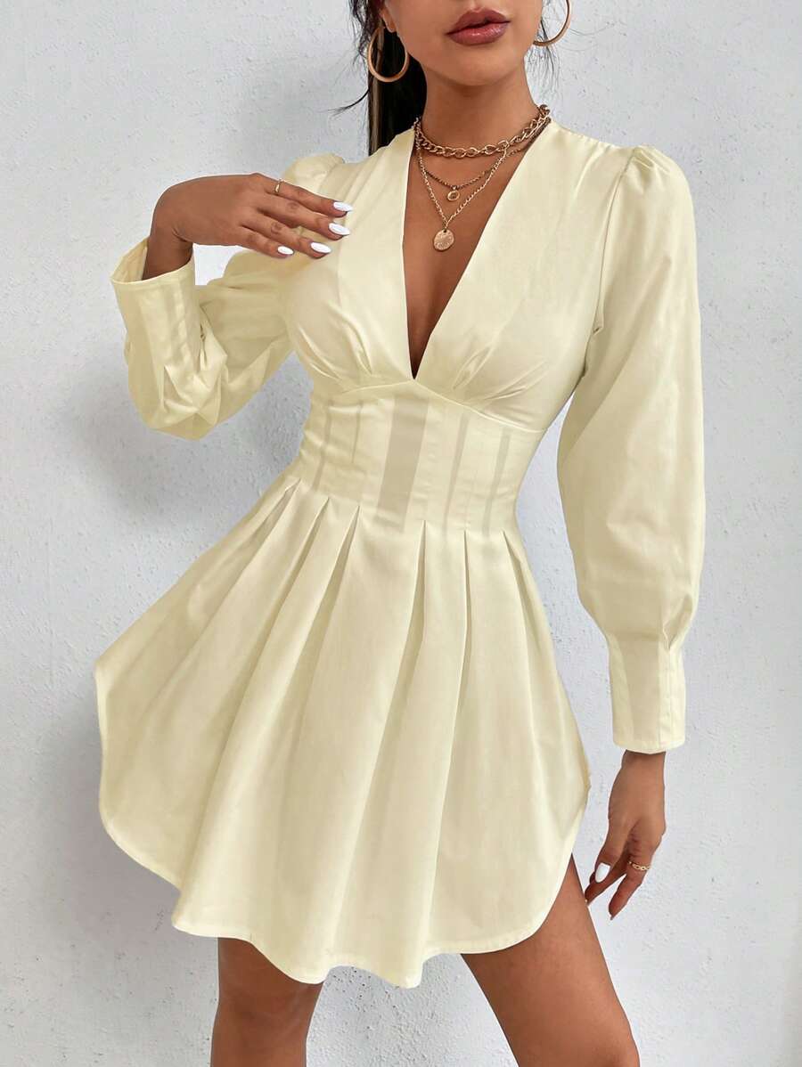 SHEIN PETITE 休閒百褶 拉鍊純色女士連衣裙