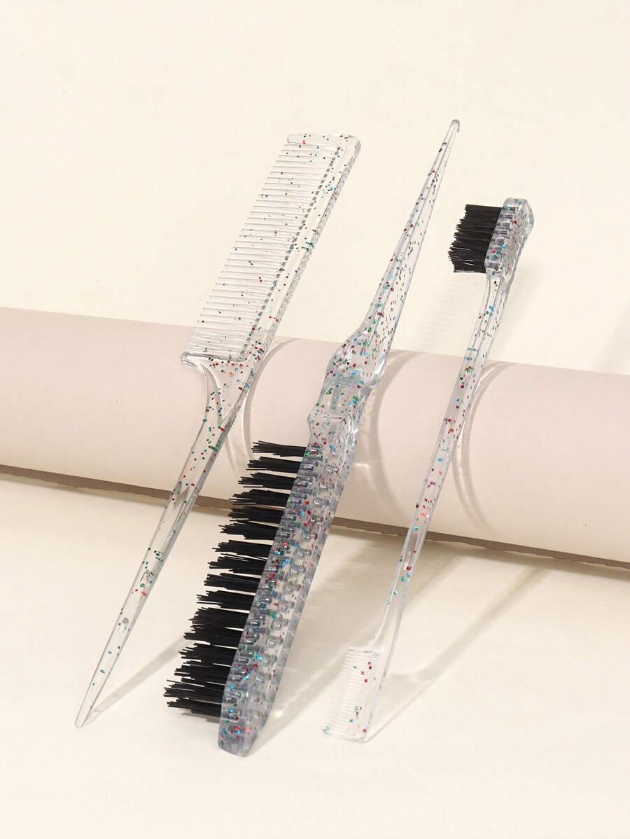 Rat Tail Comb, 3Pcs Glitter Hair Styling Comb Set Pointed Tail Comb & Dual-Ended Edge Control Brush Loose Powder Fluffy Styling Comb Set Hair Brush, Hair Brush, Comb, Hair Tools, Hair Products And Accessories For Barber Salon Beauty Travel Essentials, Back To School, Travel Holiday Essentials, Hair Accessories For Women, Brush, Hair Brushes, Hair Brush, Detangling Brush, Hair Brush, Wooden Comb, Hair Brush, Mini Hair Brush, Detangling Brush, Hair Brushes, Curly Hair Brush, Hairdressing Equipment,Travel Essentials,Hairstyle,Hairdressing,Hair Brush,Slick Back Brush,Styling Brush,Curly Hair Brush,Edge Brush,Hair Comb,Brush Hair,Hair Brush Set,Comb Hair,Comb For Curls,Detangling Brush,Hair Brush For Women,Hair,Travel,Hair Products,Hair Tools,Hair Stuff,Barber,Barber Accessories,Barbershop,Hairdressing Equipment - Multicolor - View 1