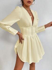 SHEIN PETITE 休閒百褶 拉鍊純色女士連衣裙