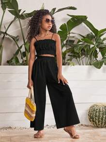 SHEIN Girls Solid Cami Top & Wide Leg Pants - Black - View 3