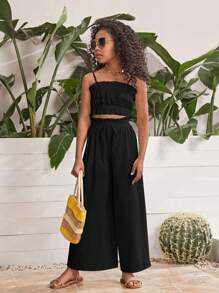 SHEIN Girls Solid Cami Top & Wide Leg Pants - Black - View 4
