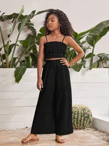 SHEIN Girls Solid Cami Top & Wide Leg Pants - Black - View 6