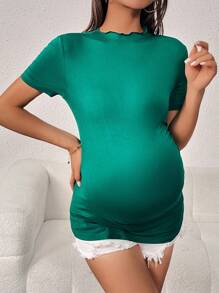 SHEIN Maternity Solid Lettuce Trim Mock Neck Tee - Dark Green - View 1