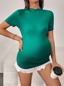 SHEIN Maternity Solid Lettuce Trim Mock Neck Tee - Dark Green - View 5