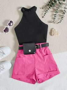 SHEIN Girls Ribbed Knit Halter Top & Shorts Without Belt Bag - Pink - View 1