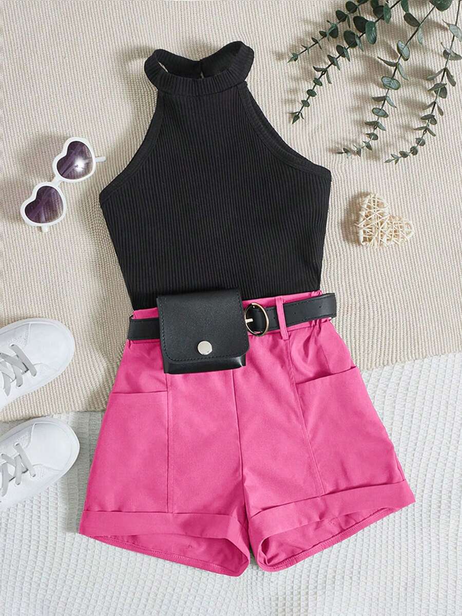 SHEIN Girls Ribbed Knit Halter Top & Shorts Without Belt Bag - Pink - View 1