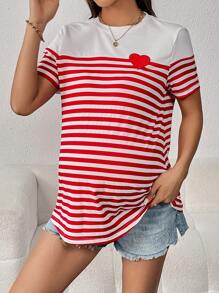 SHEIN Maternity Striped Print Heart Patched Tee - Red - View 1