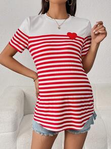 SHEIN Maternity Striped Print Heart Patched Tee - Red - View 3