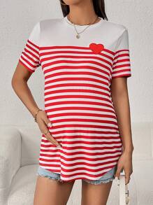 SHEIN Maternity Striped Print Heart Patched Tee - Red - View 4