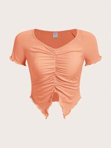 SHEIN Teen Girls Ruched Front Lettuce Trim Asymmetrical Hem Tee - Coral Orange - View 1