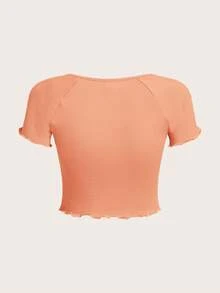SHEIN Teen Girls Ruched Front Lettuce Trim Asymmetrical Hem Tee - Coral Orange - View 2