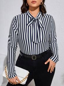 SHEIN Privé Plus Striped Print Tie Neck Tee - Blue and White - View 1