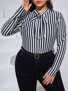 SHEIN Privé Plus Striped Print Tie Neck Tee - Blue and White - View 3