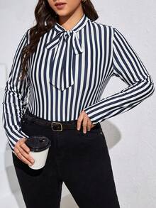 SHEIN Privé Plus Striped Print Tie Neck Tee - Blue and White - View 4
