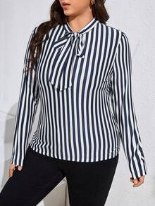 SHEIN Privé Plus Striped Print Tie Neck Tee - Blue and White - View 5