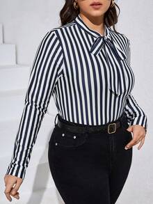 SHEIN Privé Plus Striped Print Tie Neck Tee - Blue and White - View 6