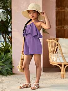 SHEIN Toddler Girls Ruffle Trim Halter Romper - Lilac Purple - View 4