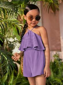 SHEIN Toddler Girls Ruffle Trim Halter Romper - Lilac Purple - View 5