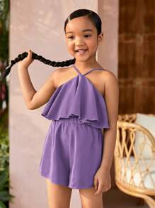 SHEIN Toddler Girls Ruffle Trim Halter Romper - Lilac Purple - View 6