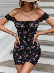 EURMUSE Vestido Corto De Diseño De Hombro Descubierto Con Estampado Floral Para Mujeres, Con Nudo En La Cintura Que Adelgaza Y Estiliza