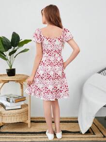RueChic Teen Girls Ditsy Floral Print Puff Sleeve Dress - Màu Đỏ Sâu - Xem 2