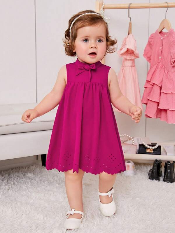 SHEIN Fern Glow  Baby Girl Bow Front Laser Cut Out Scallop Trim Dress