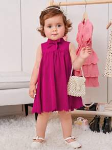 SHEIN Đứa bé gái Nơ mặt trước Cắt laser Cắt vỏ sò Đầm - Màu Hồng Tươi - Xem 5