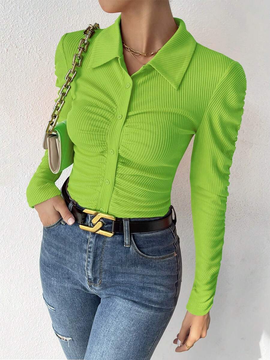 SHEIN Privé Áo thun nữ Xù Gân đan Nút phía trước màu trơn Giải trí - Màu xanh chanh - Xem 1