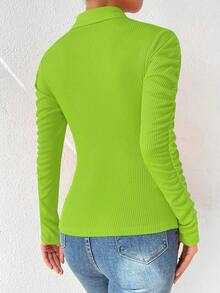 SHEIN Privé Áo thun nữ Xù Gân đan Nút phía trước màu trơn Giải trí - Màu xanh chanh - Xem 2