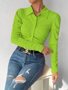 SHEIN Privé Áo thun nữ Xù Gân đan Nút phía trước màu trơn Giải trí - Màu xanh chanh - Xem 6