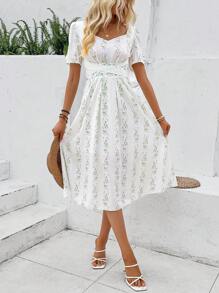 Breezaya 碎花泡泡袖連衣裙 - 白色 - 查看 5