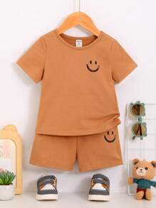 SHEIN 男嬰表情圖案T恤和短褲 - 橘色 - 查看 1
