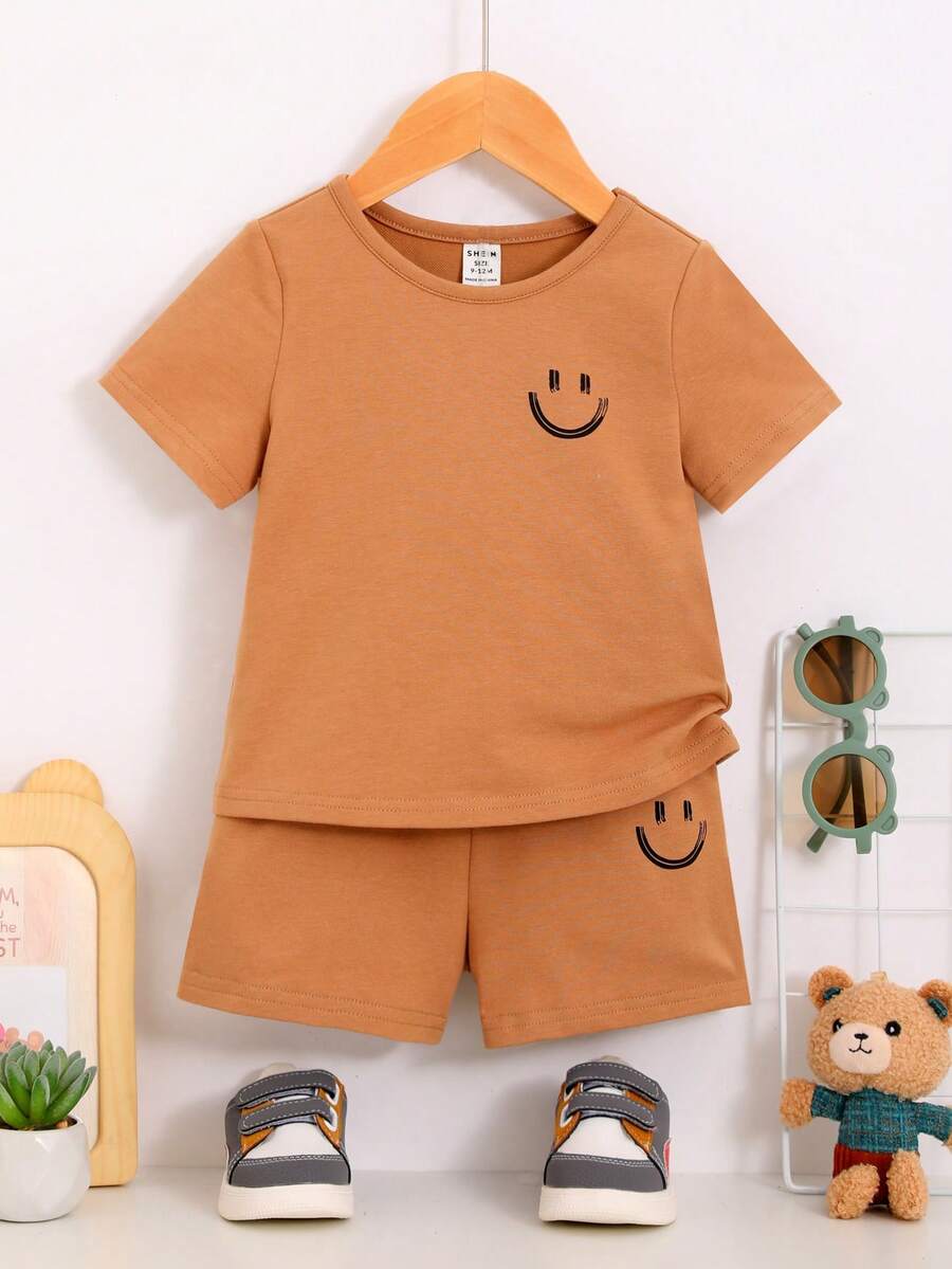 SHEIN 男嬰表情圖案T恤和短褲 - 橘色 - 查看 1
