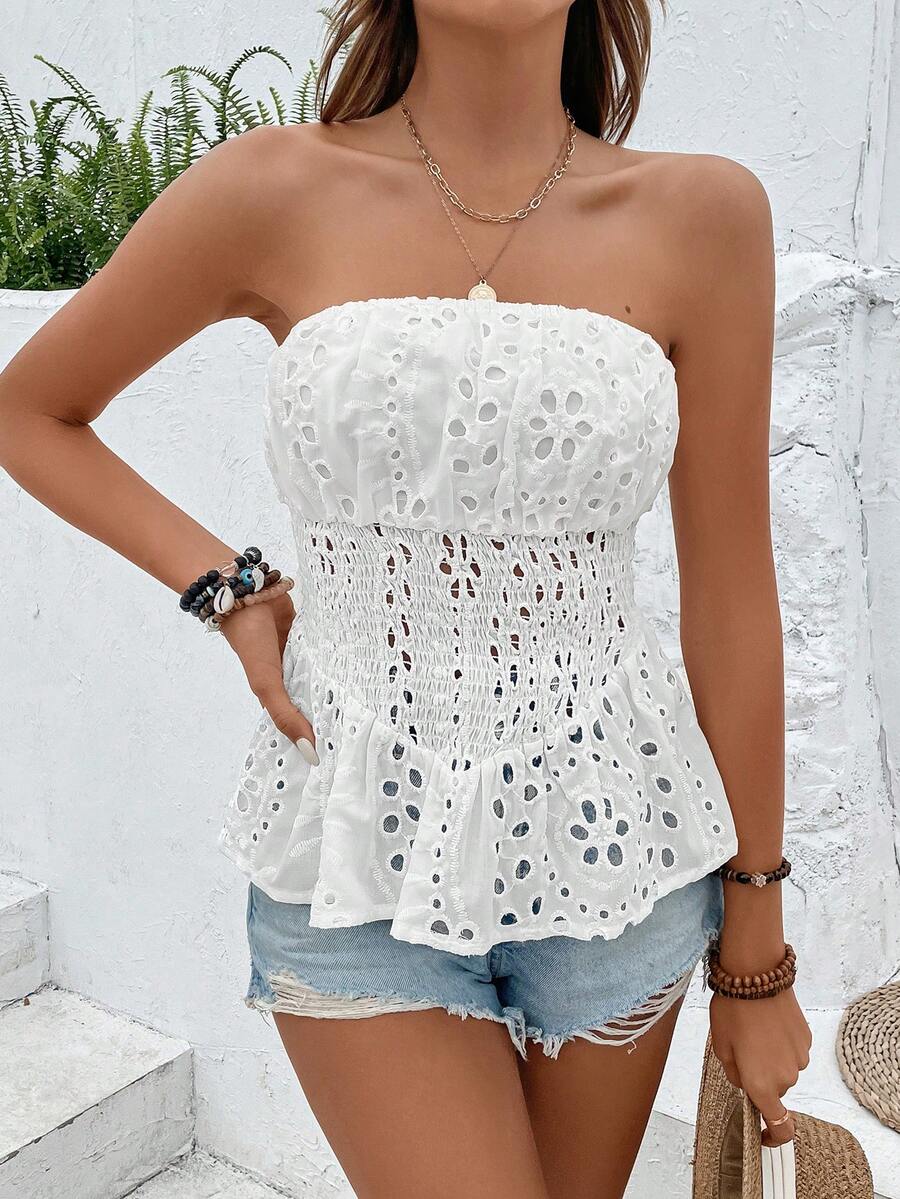 Breezaya 網眼刺繡荷葉邊抹胸上衣 - 白色 - 查看 1