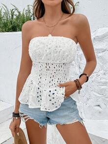 Breezaya 網眼刺繡荷葉邊抹胸上衣 - 白色 - 查看 6