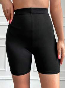Cottnline Solid High Waist Biker Shorts - 黑色 - 查看 1