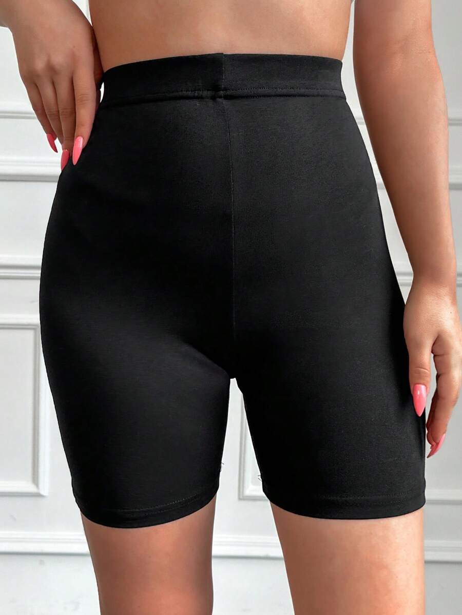 Cottnline Solid High Waist Biker Shorts - 黑色 - 查看 1
