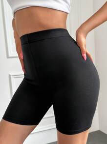 Cottnline Solid High Waist Biker Shorts - 黑色 - 查看 3