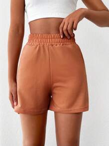 EURMUSE Solid Elastic Waist Shorts - Brown - View 1