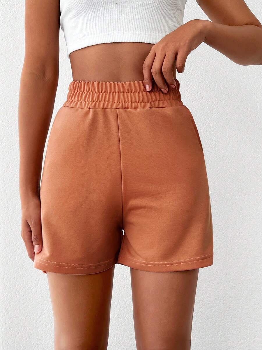 EURMUSE Solid Elastic Waist Shorts - Brown - View 1