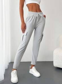 Cottnline Flap Pocket Side Drawstring Waist Joggers - Light Grey - View 3