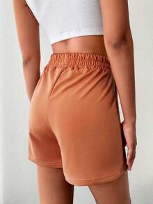 EURMUSE Solid Elastic Waist Shorts - Brown - View 2