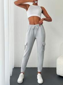 Cottnline Flap Pocket Side Drawstring Waist Joggers - Light Grey - View 4