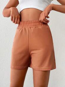 EURMUSE Solid Elastic Waist Shorts - Brown - View 4