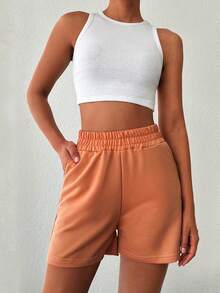 EURMUSE Solid Elastic Waist Shorts - Brown - View 5