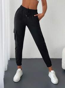 EURMUSE 女款純色彈性腰帶翻蓋口袋慢跑褲帶狀下擺 - 黑色 - 查看 1