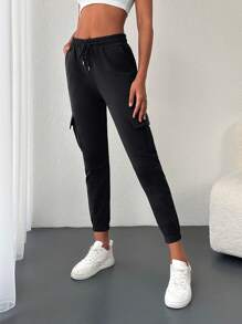 EURMUSE 女款純色彈性腰帶翻蓋口袋慢跑褲帶狀下擺 - 黑色 - 查看 6