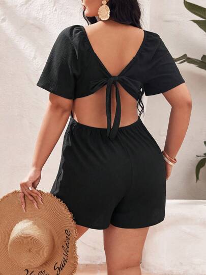 SHEIN VCAY 性感露背 挖空 後系帶純色加大碼連身褲